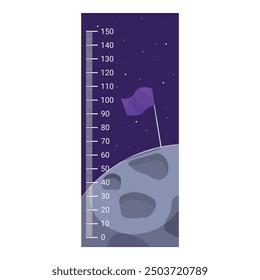 Cartoon children height chart growth ruler with moon surface and flag on a starry background