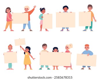 Cartoon children holding banners. Cute kids with blank boards and empty placards standing, different poses, funny boys and girls showing billboard, clean posters, vector cartoon flat set