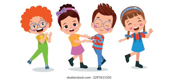 A cartoon of children holding hands and dancing.