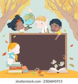 Cartoon Children holding Schoolbags and Globe learning, reading Book or Textbook, sitting next to Class Blackboard