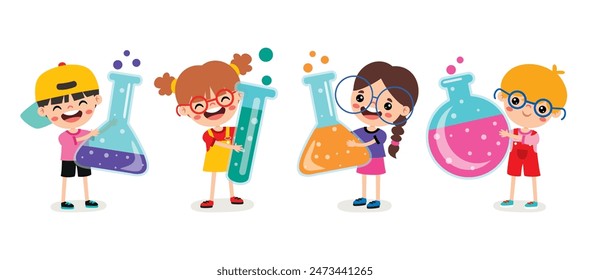 Cartoon Children Holding Science Equipments