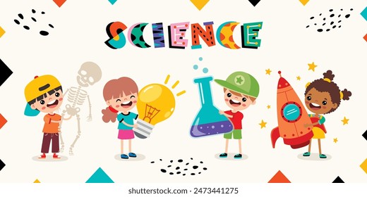 Cartoon Children Holding Science Equipments