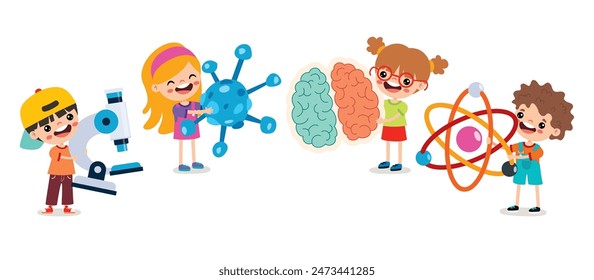 Cartoon Children Holding Science Equipments