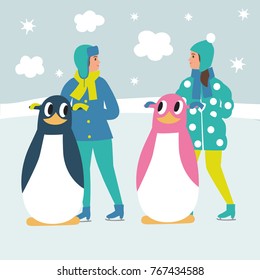 Cartoon children ice skaters. Boy and girl with penguin helper skating. Winter illustration for your design.