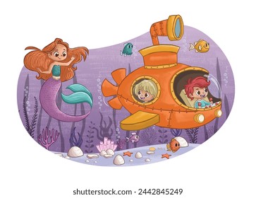 Cartoon children inside a submarine with Mermaid swimming with fish under the sea. Underwater world with corals.
