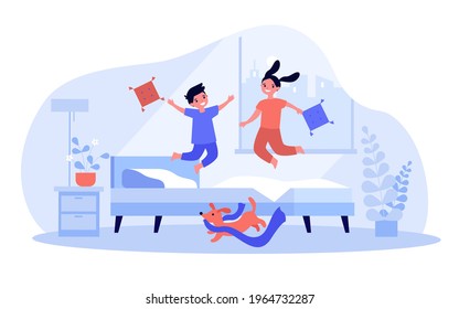 Cartoon children jumping on bed. Flat vector illustration. Kids having fun in pyjamas while jumping and pillow fight with happy dog running around. Family, fun, play, activity, naughtiness concept