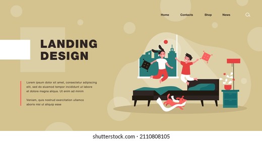 Cartoon children jumping on bed. Flat vector illustration. Kids having fun in pyjamas while jumping and pillow fight with happy dog running around. Family, fun, play, activity, naughtiness concept