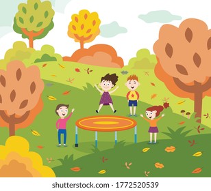 Cartoon children jumping on a trampoline in autumn park - happy kids having fun outdoors with friends bouncing and playing together. Flat vector illustration.