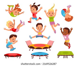 Cartoon children jumping on trampolines. Little boys and girls on playground. Kids activity. Energetic pastime. Teenagers bouncing and falling poses. Active teens games