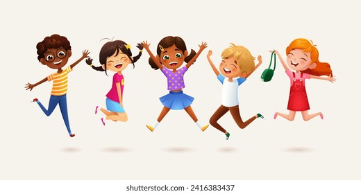 Cartoon children jumping, school boy and girl pupil characters leap with boundless happiness. Vector multiracial carefree gleeful kids joyfully laughter creating a vibrant scene of pure, unbridled joy