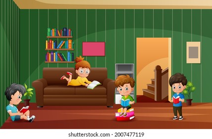 Cartoon the children learning at home illustration
