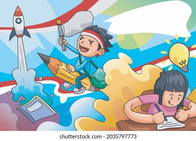 cartoon children love to learn, with colorful background,.