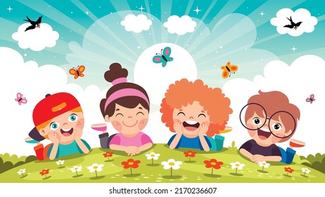 Cartoon Children Lying On Grass