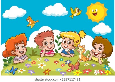 Cartoon Children Lying On Grass vector