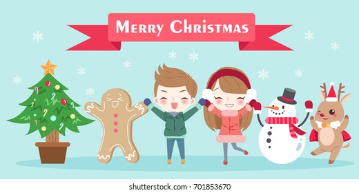 cartoon children with merry christmas on the blue background