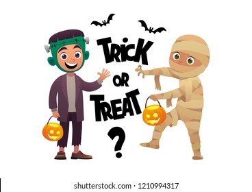 Cartoon children monster and mummy costume trick or treat background vector