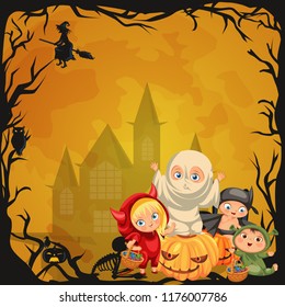 Cartoon children in mystery costumes flat poster svg