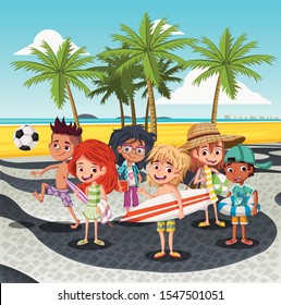 Cartoon children on Copacabana beach sidewalk. Kids in Rio de Janeiro beach, Brazil. 