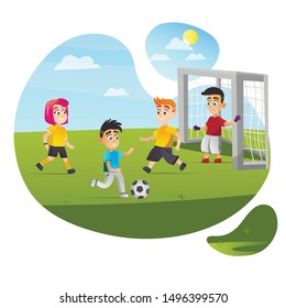 Cartoon Children Play Ball Vector Illustration. Association Football Game. Boy Kick Girl Run. Soccer Match Competition on Green Grass Field. Kid Activity Sport Training. Childhood Fun