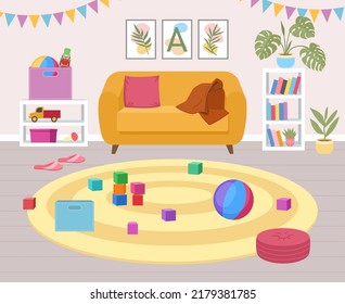 Cartoon children play nursery room, kindergarten interior. Kids playroom with cozy carpet, baby leisure rug room vector illustration. Children playroom furnishing