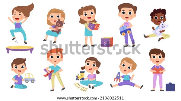 Cartoon children play with toys, kindergarten\
activities. Little kids playing with teddy bear, doll and toy car\
vector illustration set. Children characters having fun.\
Kindergarten children\
character