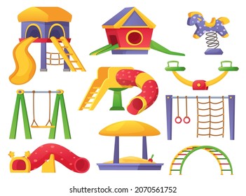 Cartoon children playground elements, kids park equipment. Slide, seesaw, swing, sandbox, swing horse, kindergarten outdoor playset vector set. Leisure activity and entertainment for children