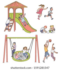 Cartoon children in playground - isolated set of boys and girls playing on slide, sand pit, spider web swing and with basketball. Flat vector illustration