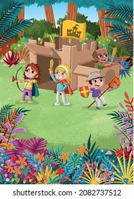 Cartoon children playing with cardboard castle on a colorful garden. Knights with swords.

