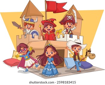 Cartoon children playing in cardboard castle. Children in costumes.