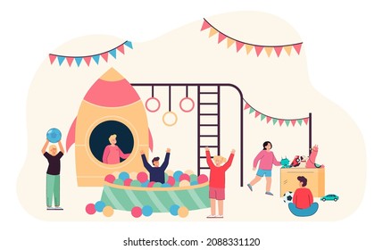 Cartoon children playing at day care center or nursery. Kids spending time in indoor game zone flat vector illustration. Children, recreation concept for banner, website design or landing page - Shutterstock ID 2088331120