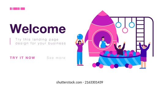 Cartoon Children Playing At Day Care Center Or Nursery. Kids Spending Time In Indoor Game Zone Flat Vector Illustration. Children, Recreation Concept For Banner, Website Design Or Landing Page