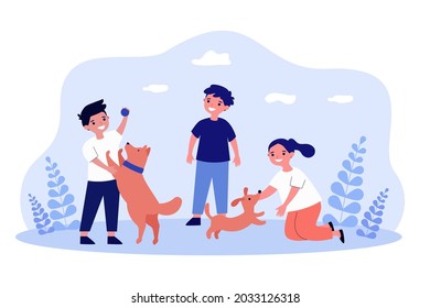 Cartoon children playing with dogs flat vector illustration. Little boys and girl throwing ball to puppies, having fun in nature. Pet, animal, childhood, game, fun, love concept for banner design