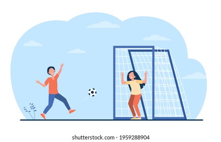 Cartoon children playing football flat vector illustration. Happy boy and girl playing with ball and goalposts outside. Nature, childhood, friendship, football concept for banner design, landing page