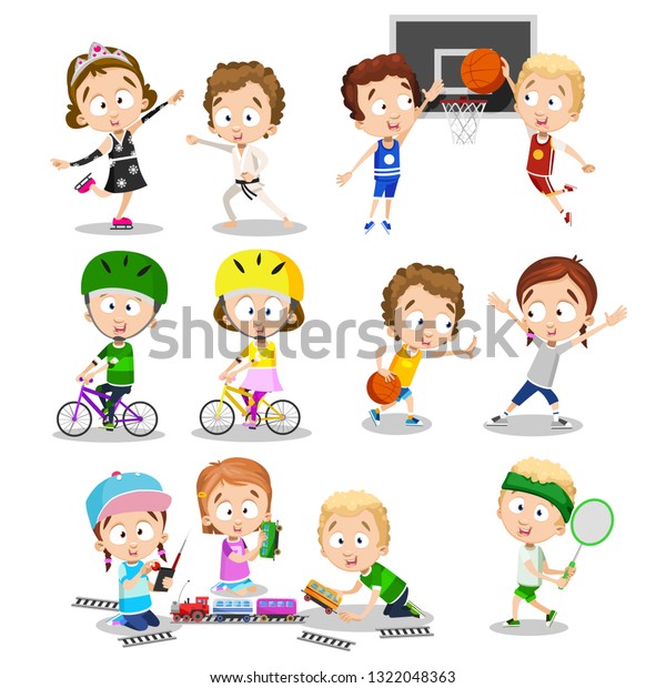 友達と遊び 遊び回る子どもたちの漫画 鉄道で遊ぶ自転車の子どもたちや バスケットボールのベクターイラストで遊ぶ 時間を過ごしている子どもたち 子ども時代のコンセプト 白い背景に のベクター画像素材 ロイヤリティフリー