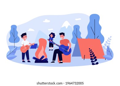 Cartoon children playing guitar in summer camp. Flat vector illustration. Children playing music outdoors, sitting around campfire. Nature, music, hobby, camp concept for banner design or landing page