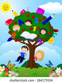 Cartoon children playing Illustration in an apple tree