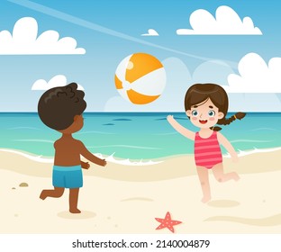 Cartoon Children Playing With Inflatable Ball On The Beach. Cute Kids Throwing Beech Ball On The Sea Coast.