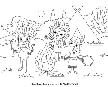 Cartoon children playing Native Americans coloring vector illustration. Black and white image.