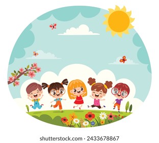 Cartoon Children Playing At Nature