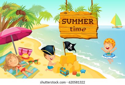 Cartoon children playing on the beach.