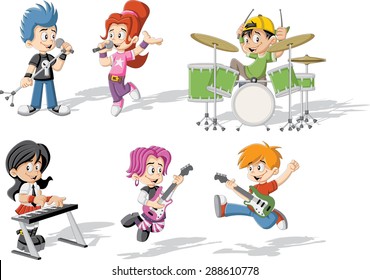 Cartoon children playing on a rock'n'roll band