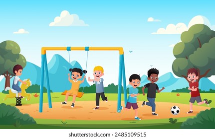 Niños jugando al aire libre en el parque infantil, niños jugando al fútbol, columpio y montar a caballo en la Ilustración vectorial del parque