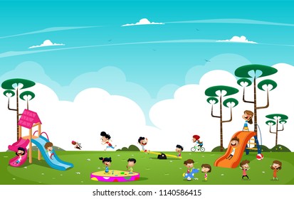 Cartoon children playing in the playground outside. Vector