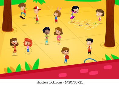 Cartoon children playing in the playground. Vector illustration