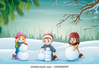 Cartoon the children playing a snow