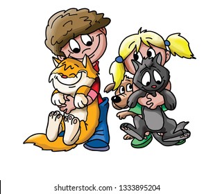 Cartoon children playing with their pets vector illustration