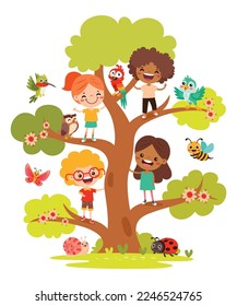 Niños De Caricatura Jugando En El Árbol