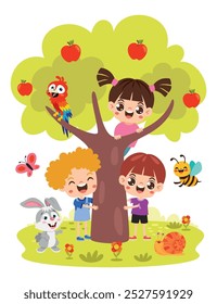 Cartoon Kinder spielen auf Baum