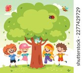 Cartoon Children Playing Under Tree