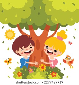 Cartoon Children Playing Under Tree